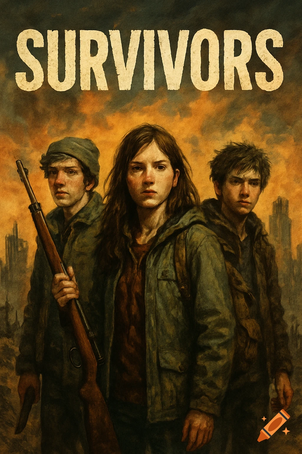Painting of three young survivors with a rifle against a ruined city skyline under an orange sky. Text reads SURVIVORS.
