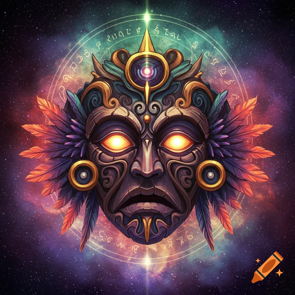 Ornate mask with glowing eyes and feathers against a cosmic background with symbols.