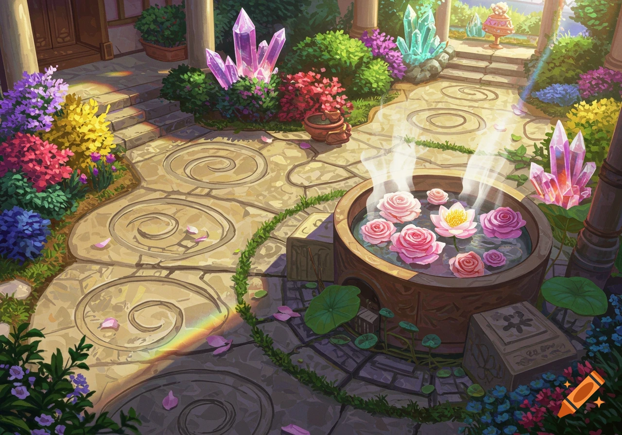 A vibrant, sunlit Japanese garden with a swirling stone path, colorful flowers, large crystals, and a basin of water filled with floating roses and lotus flowers.