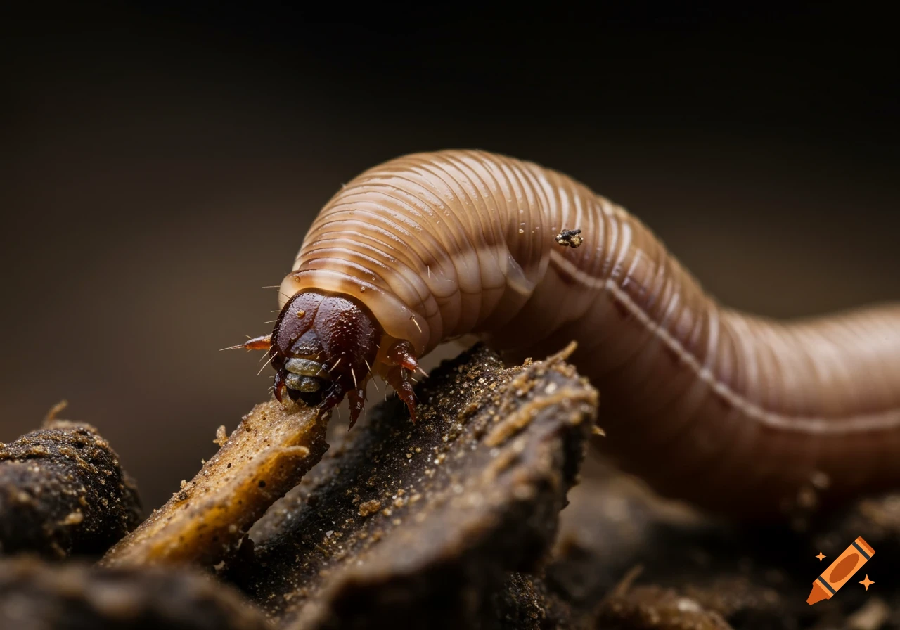 Photorealistic macro close-up of a brown worm eating dirt or plant matter