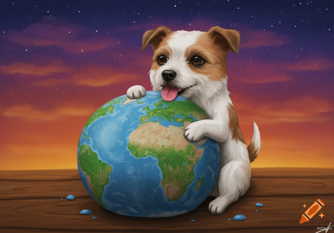 Cute illustrated dog hugging a globe at sunset