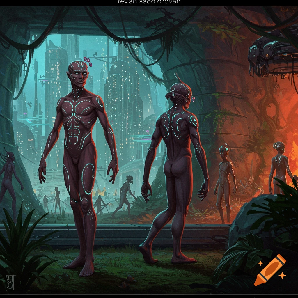 Digital painting of humanoid aliens with luminous markings standing in a futuristic city with overgrown plants.