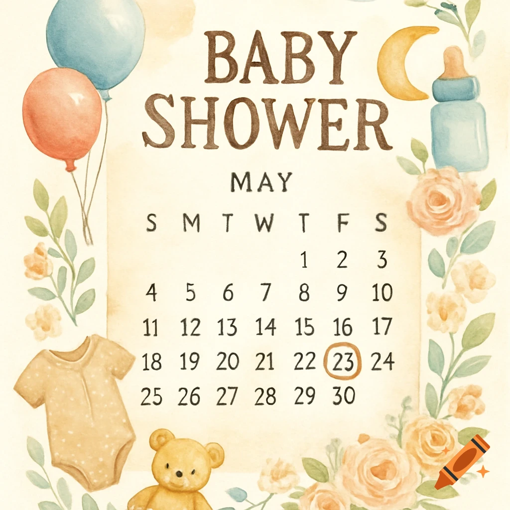 Watercolor illustration of a baby shower calendar for May, featuring balloons, a teddy bear, a baby onesie, flowers, and a baby bottle around the calendar grid.