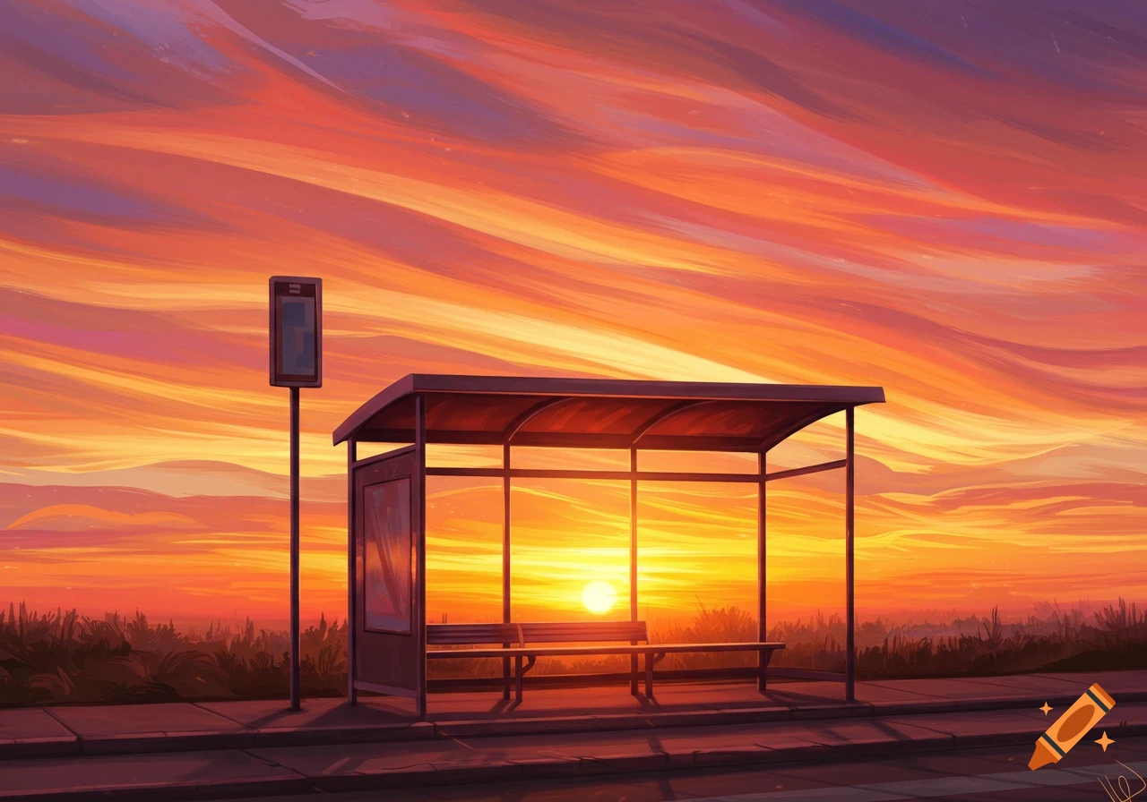 A bus stop under a vibrant orange and purple sunrise in a digital painting style.