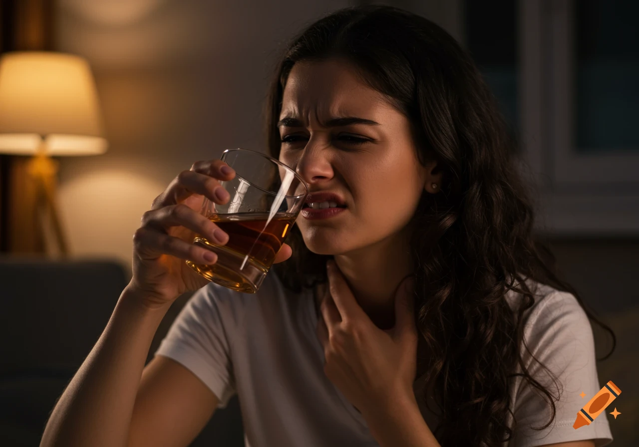 A woman with a pained expression drinks from a glass, holding her throat.
