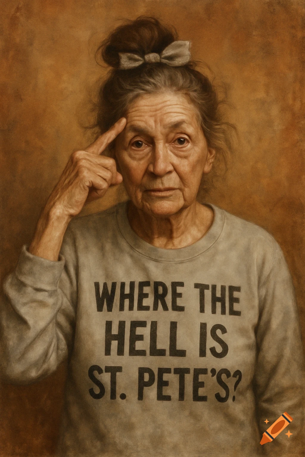 Realistic painting of an older woman pointing to her head, wearing a sweatshirt that says "WHERE THE HELL IS ST. PETE'S?".
