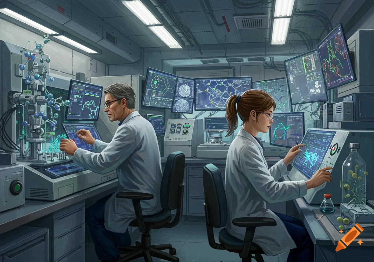 Two researchers in lab coats work on computers and scientific equipment in a detailed laboratory.
