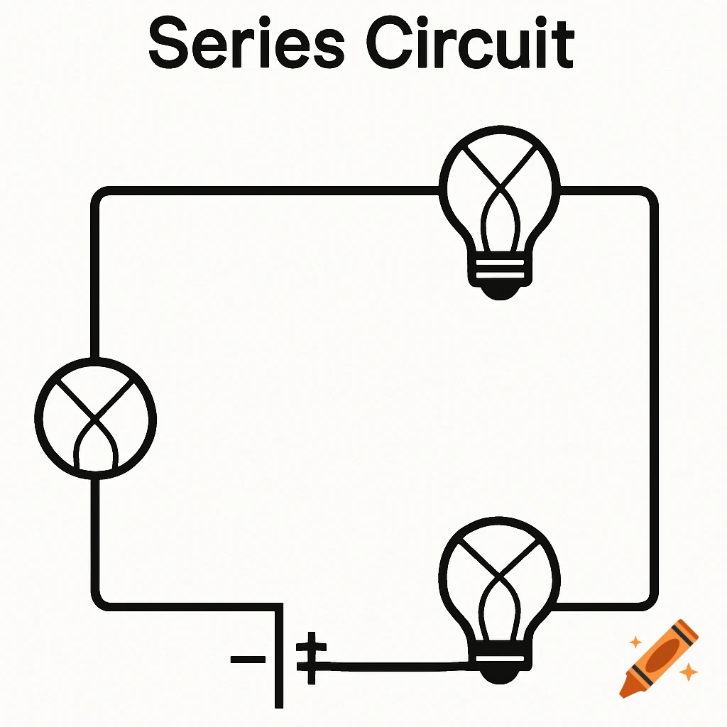 A simple line diagram of a series electrical circuit with two light bulbs and a battery.