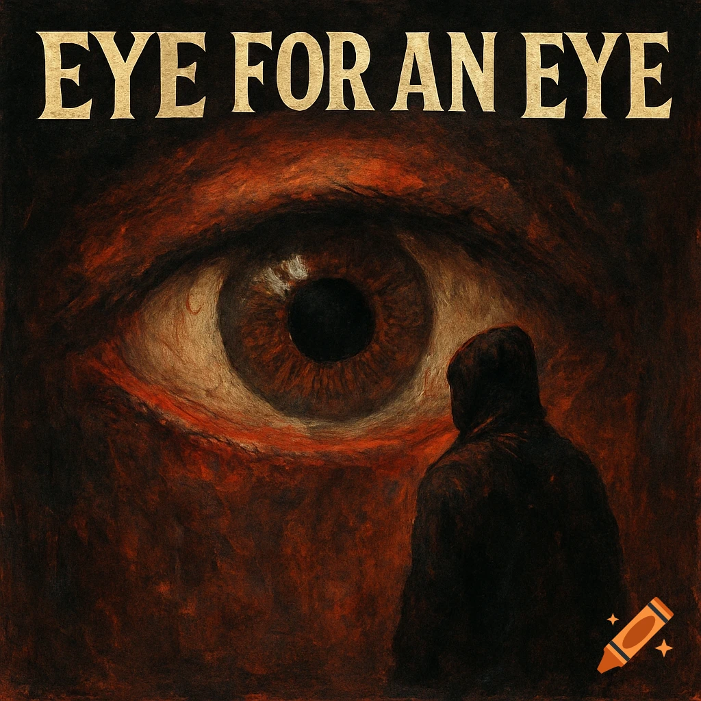 Stylized album cover with a large eye and hooded figure, text 'EYE FOR AN EYE'