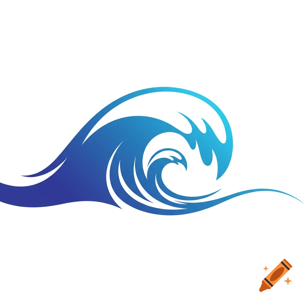 A stylized blue illustration of a curling wave cresting.