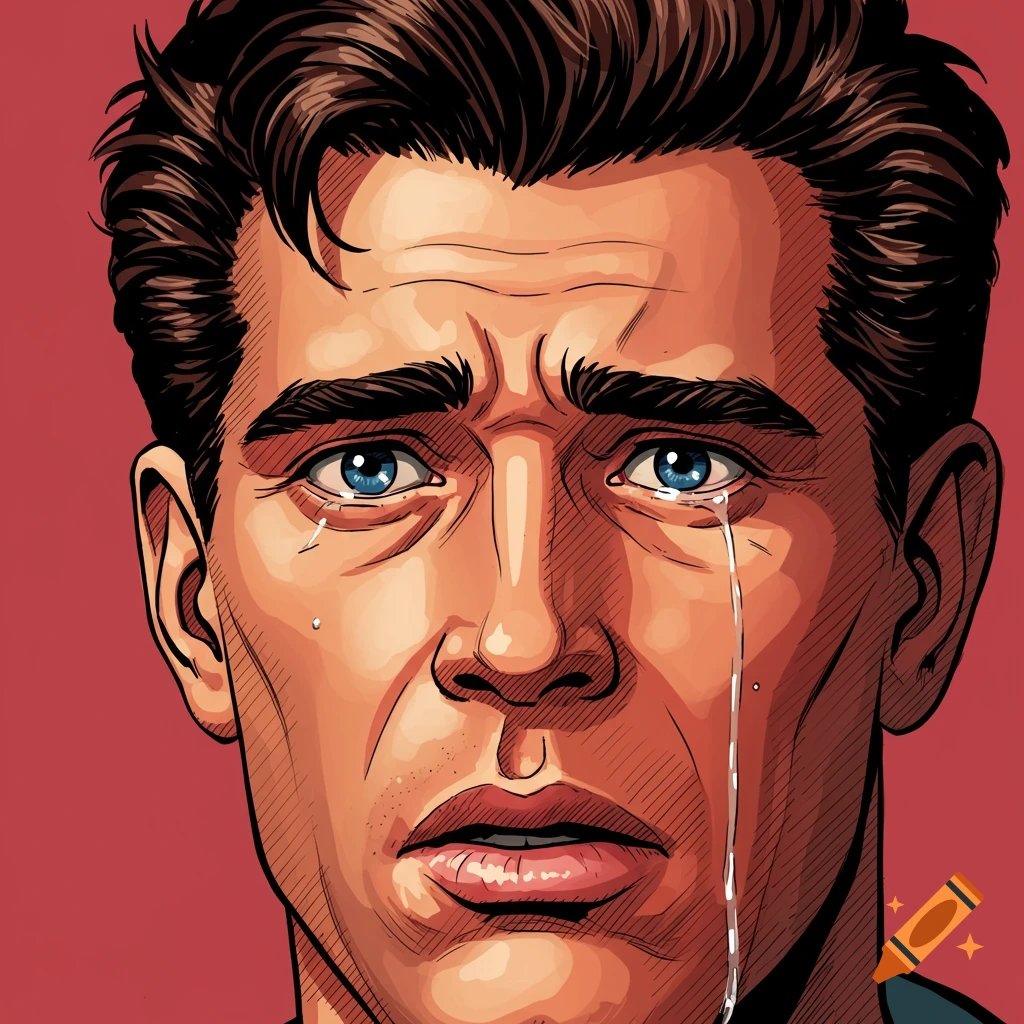 Close-up comic art portrait of a man crying