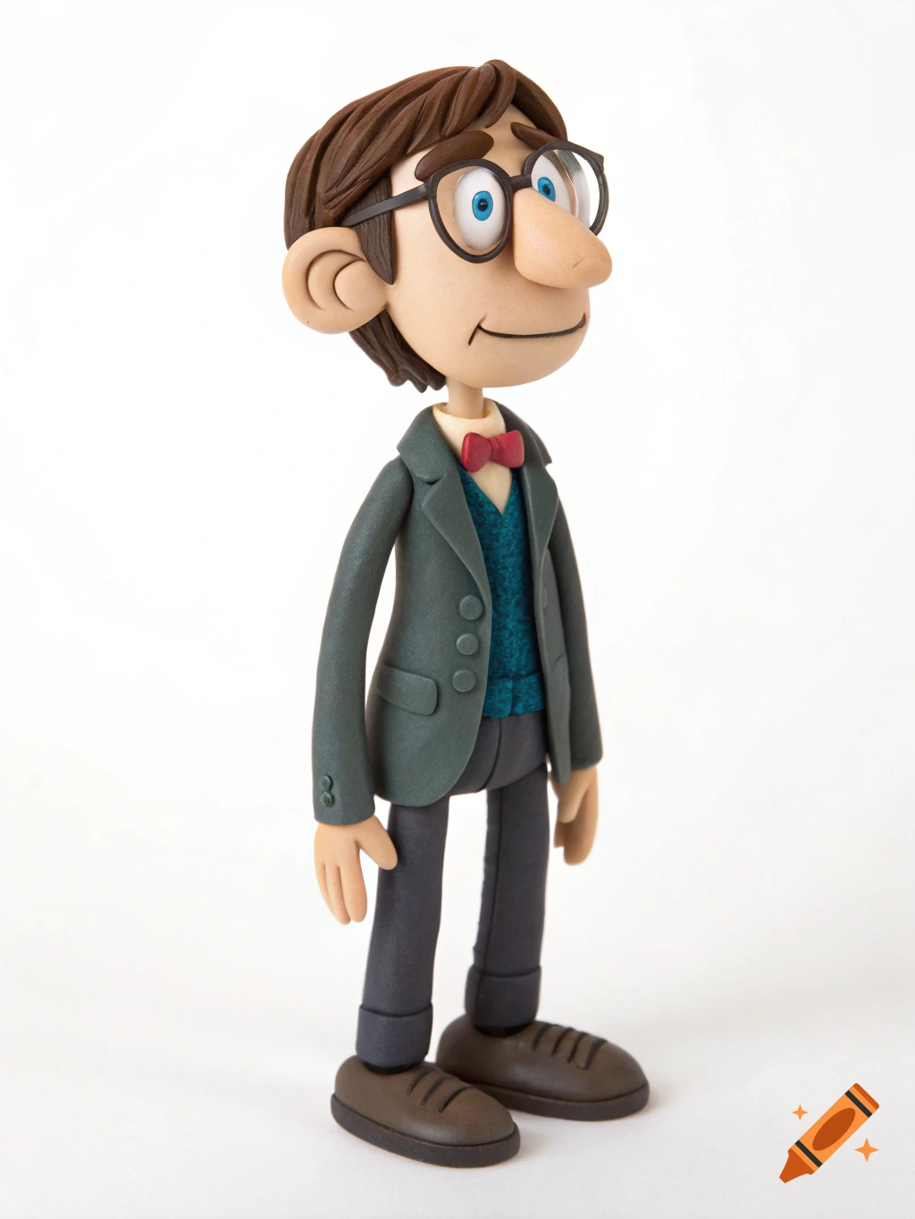 Claymation figure of a man wearing a suit, vest, glasses, and bow tie.