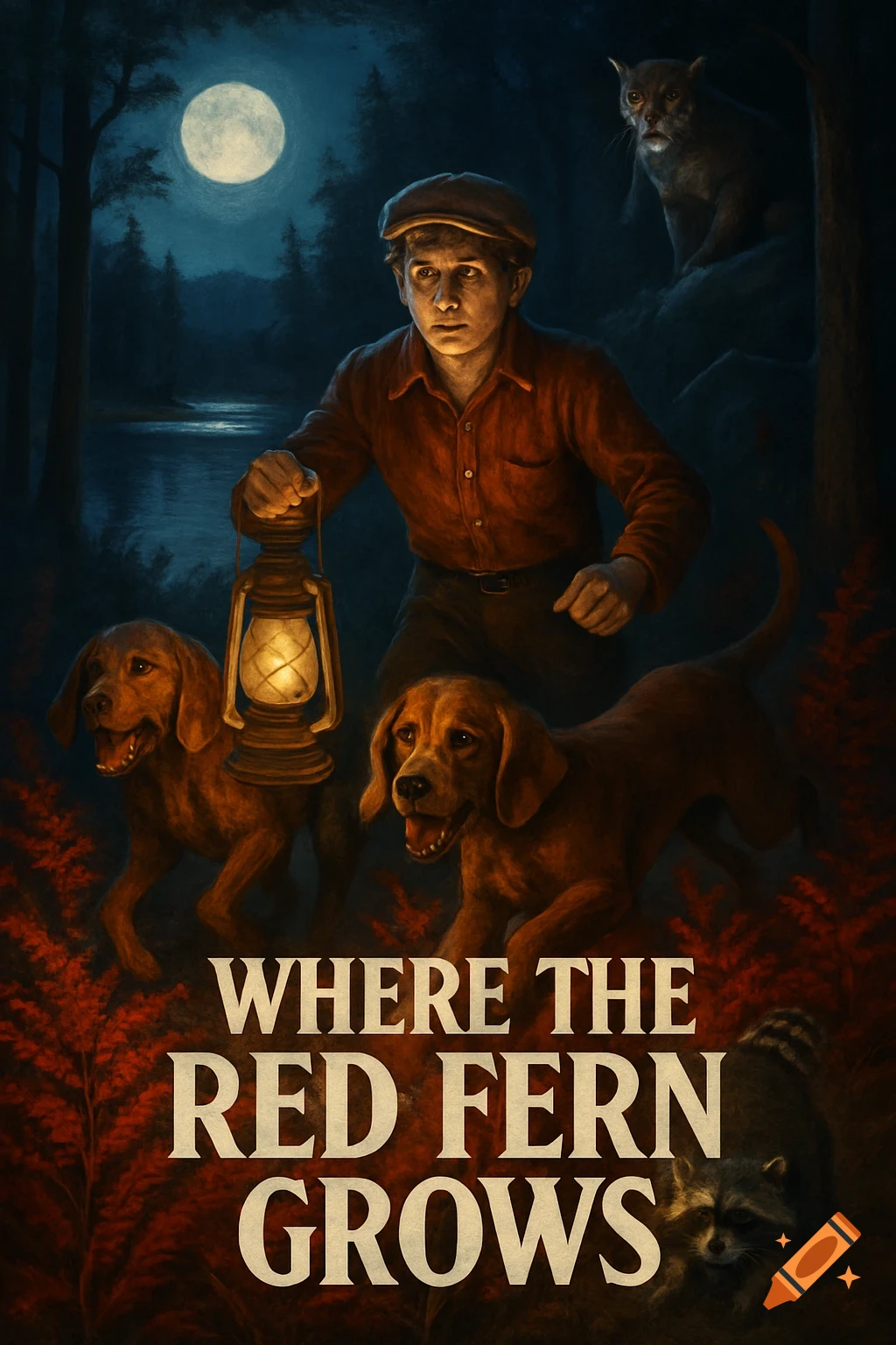Movie poster illustration of a boy with dogs and lantern in a dark forest with a raccoon and mountain lion.