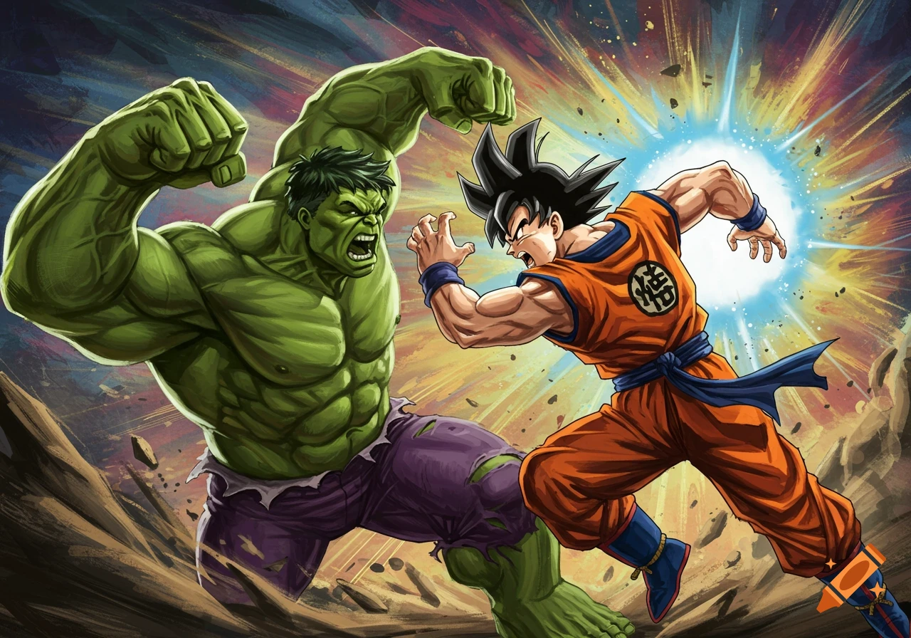 Stylized illustration of Hulk fighting Goku in a dynamic pose with a bright explosion.