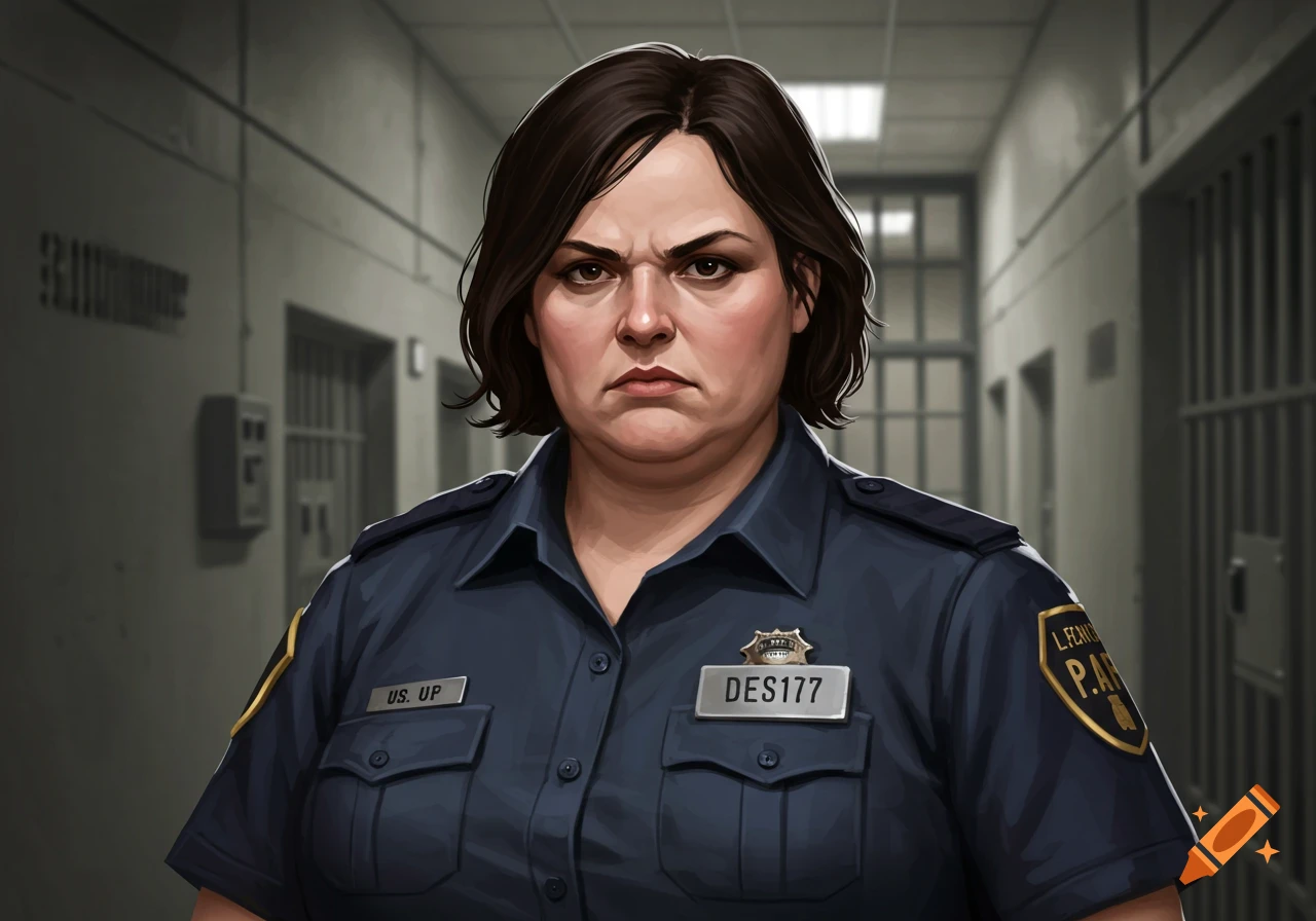 Illustration of an overweight female prison guard standing in a prison hallway.