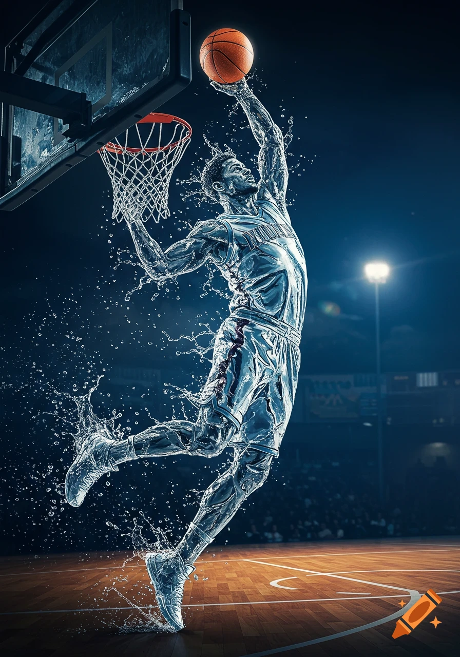 A basketball player made of splashing water dunks a basketball in a stadium.