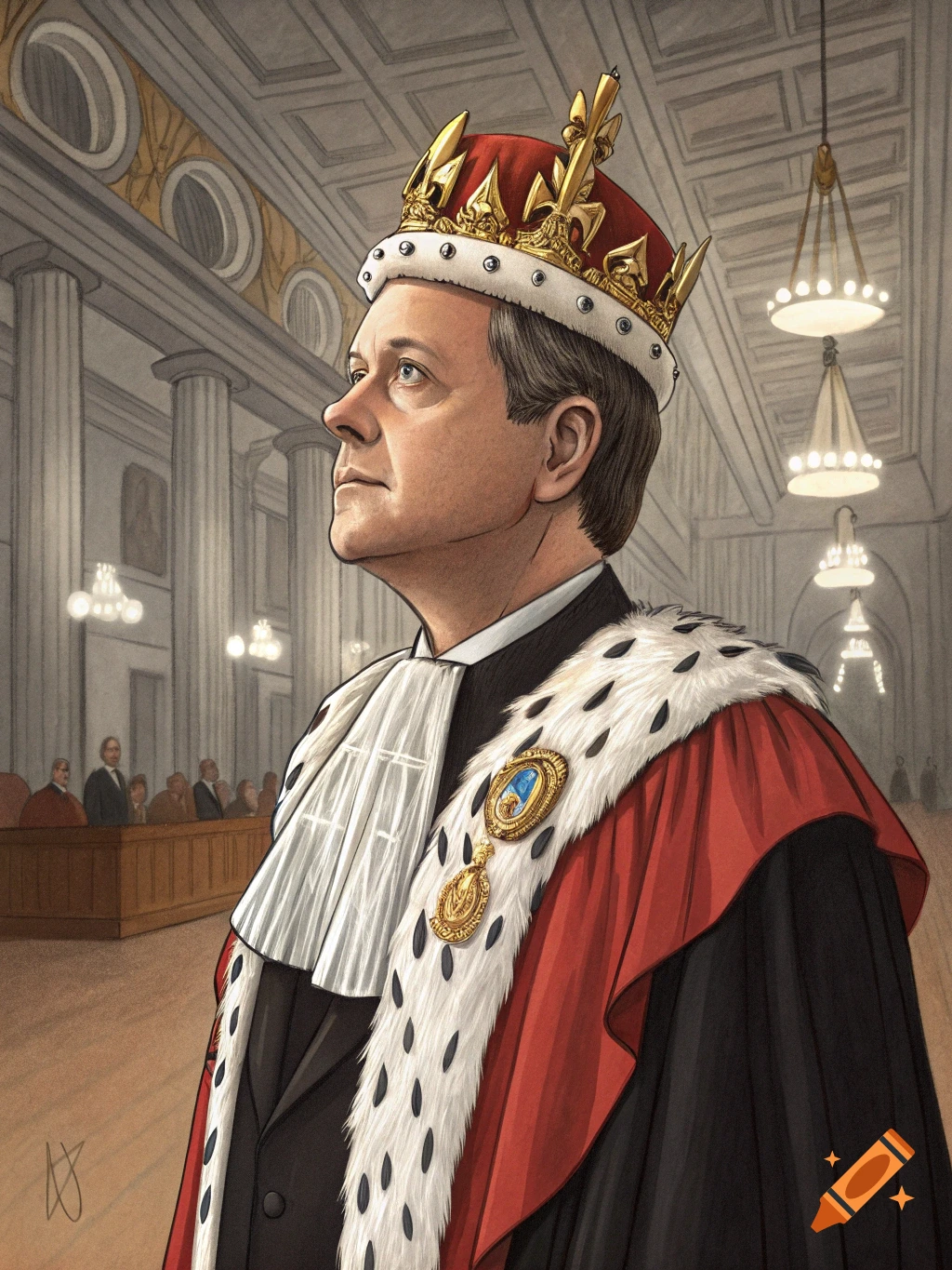 Portrait of a man in ceremonial robes and crown in a grand hall.