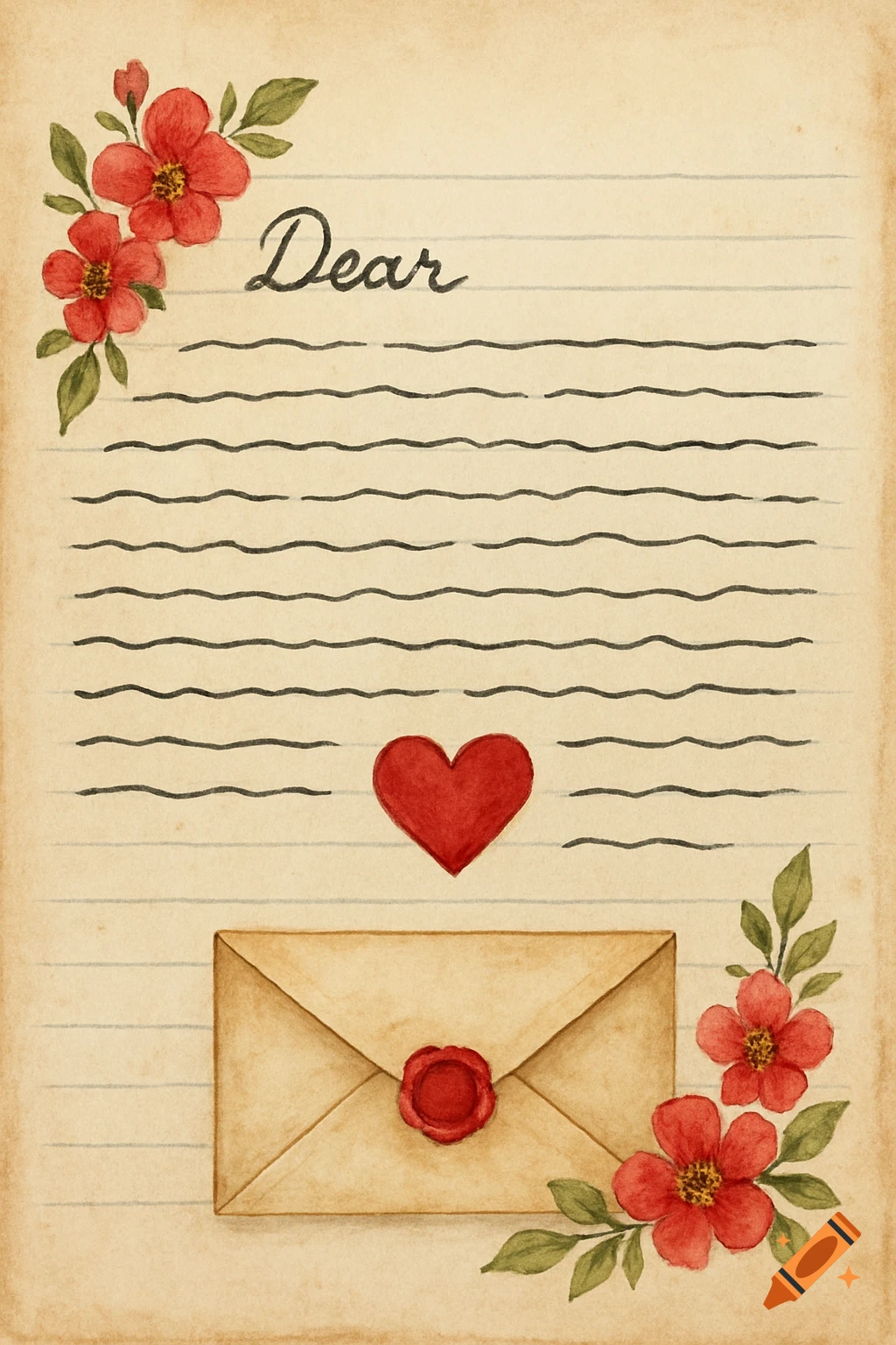 Watercolor vintage letter with lined paper, red flowers, a heart, and a sealed envelope.