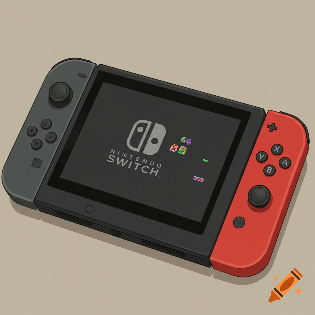 Illustration of a Nintendo Switch console with grey and red joy-cons, displaying the logo and pixelated game characters on the screen.