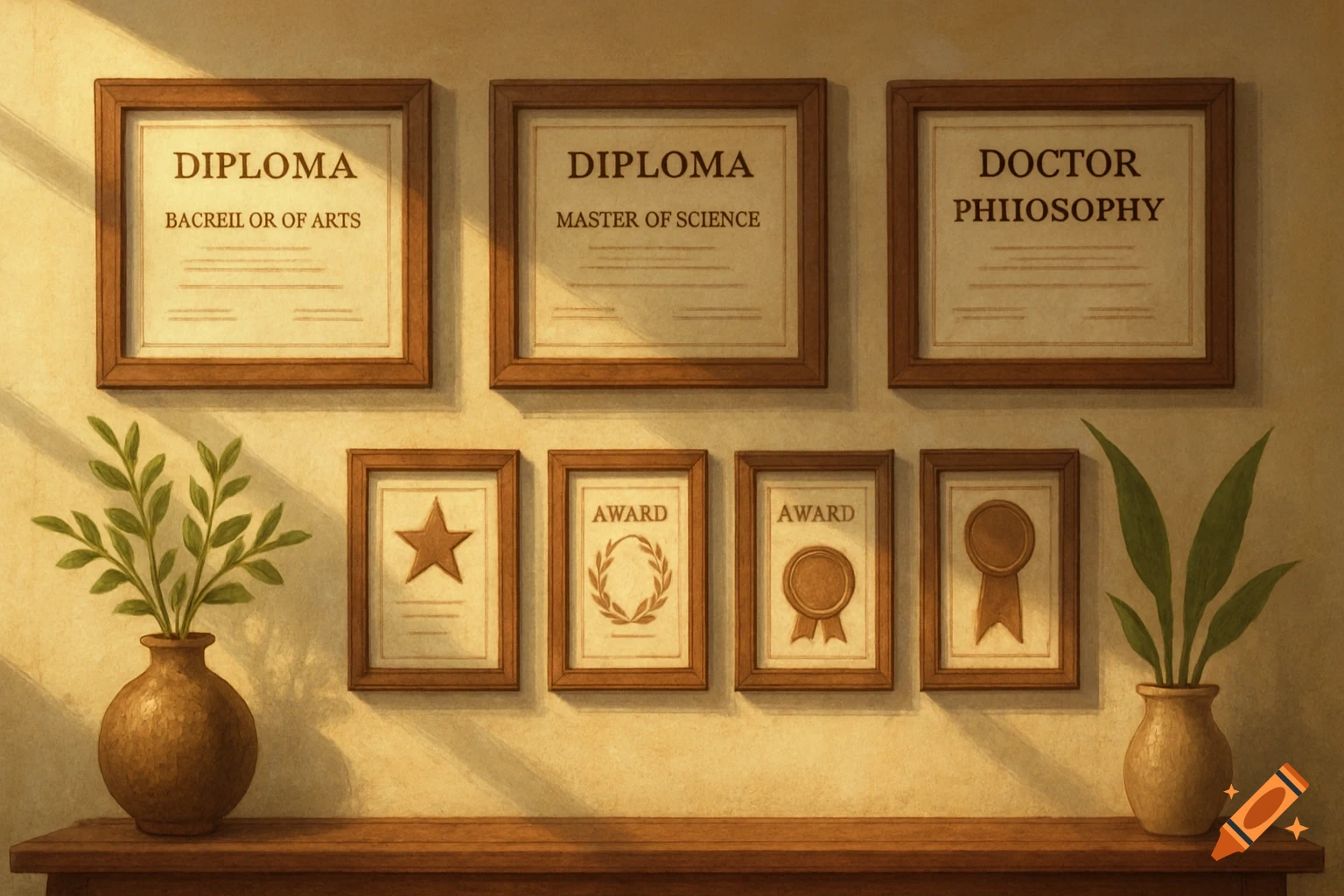 Framed diplomas and awards hang on a sunlit wall above a shelf with plants.