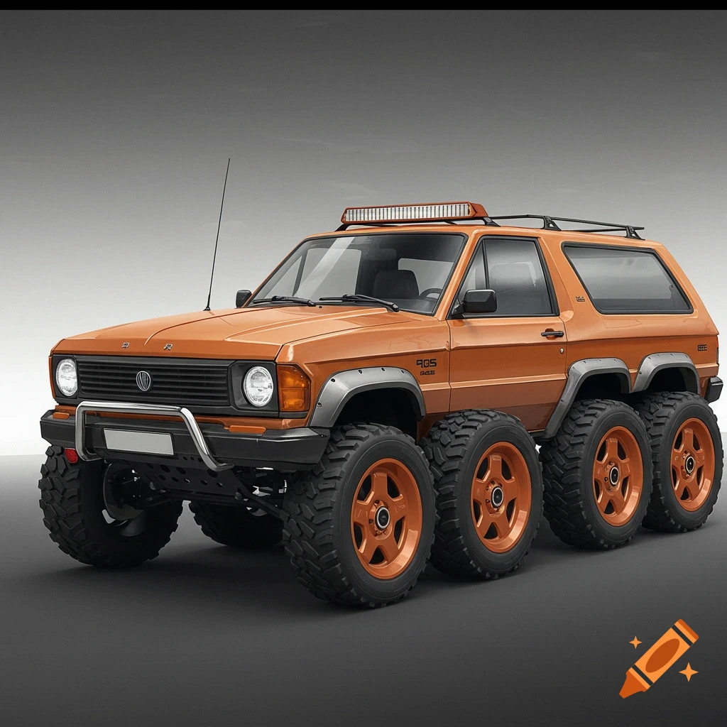 Orange 6-wheel drive SUV studio shot