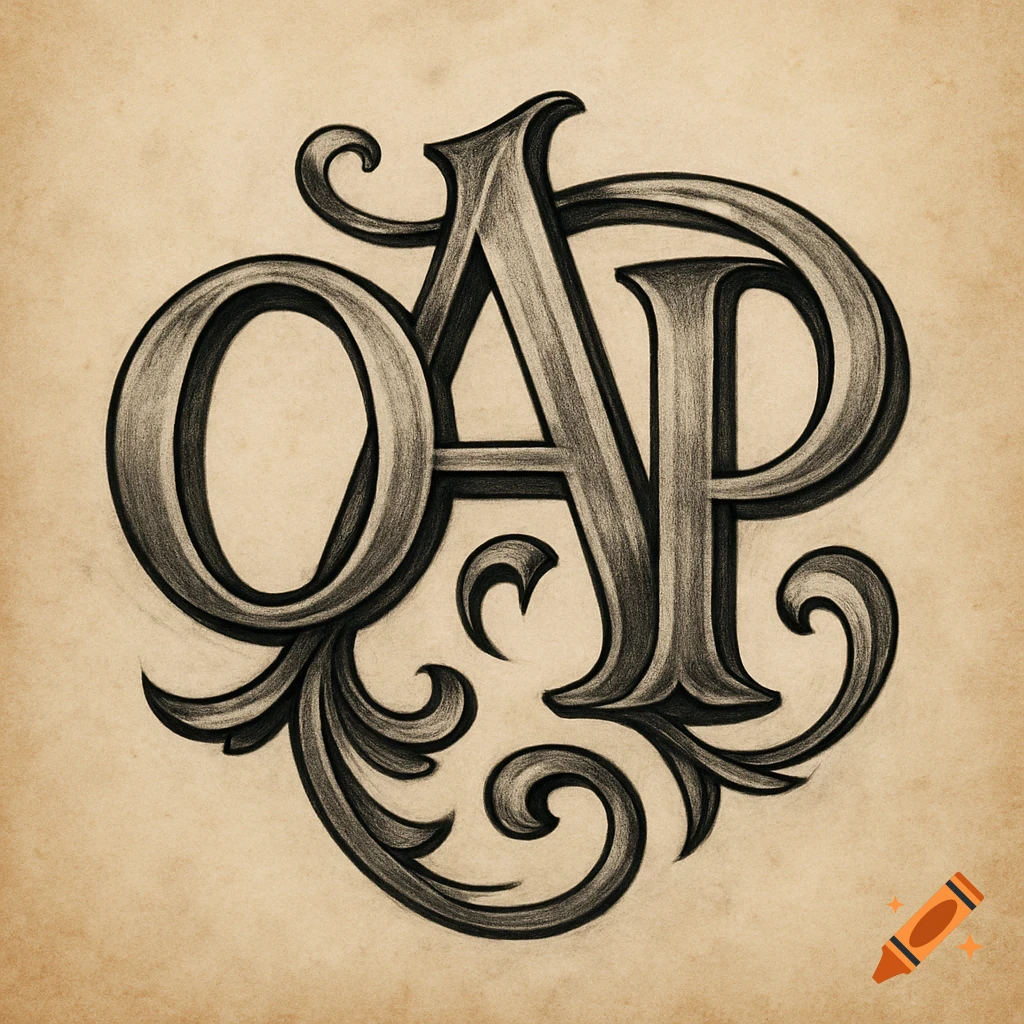 Pencil sketch of a stylized monogram combining the letters O, A, and P on a textured background.