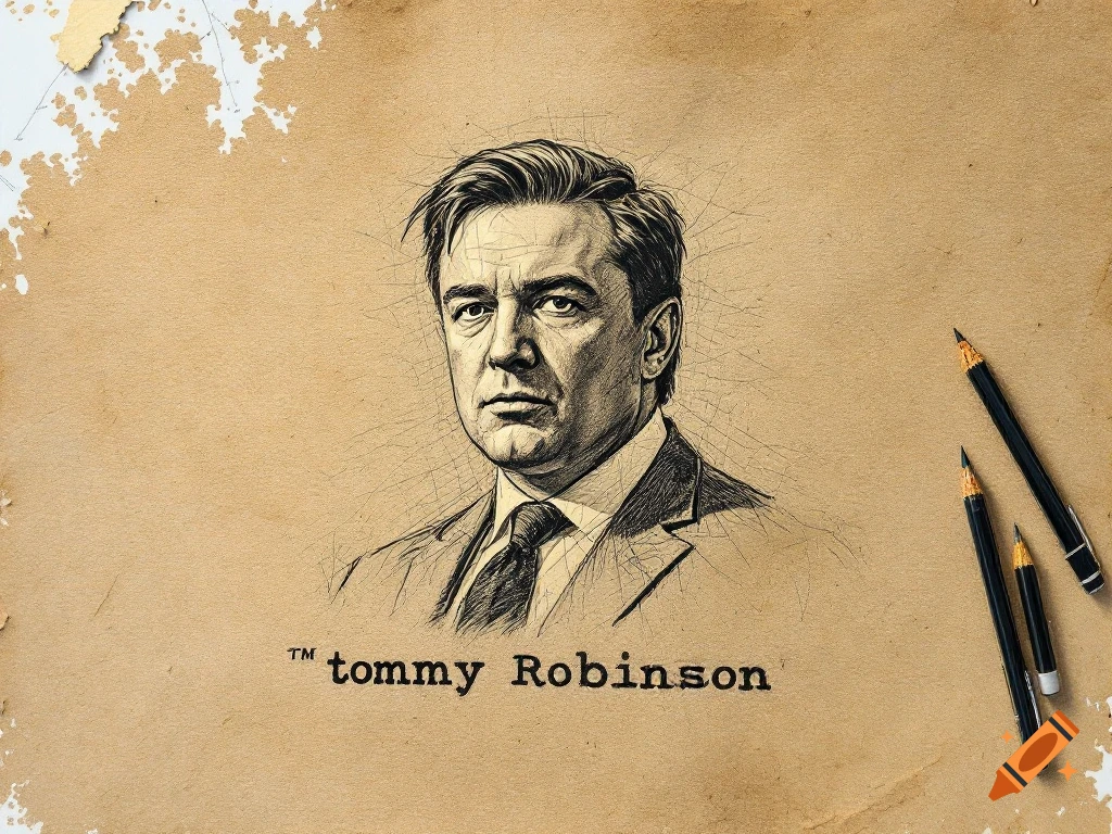 Sketch portrait of Tommy Robinson on aged paper with pencils.