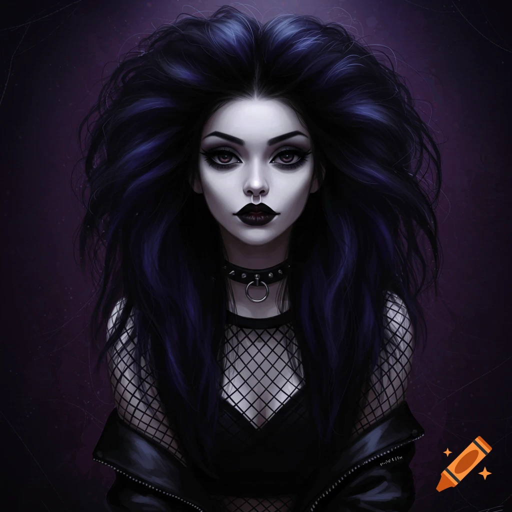 Portrait of a gothic woman with dark hair, nose ring, and choker, wearing fishnet top and leather jacket.