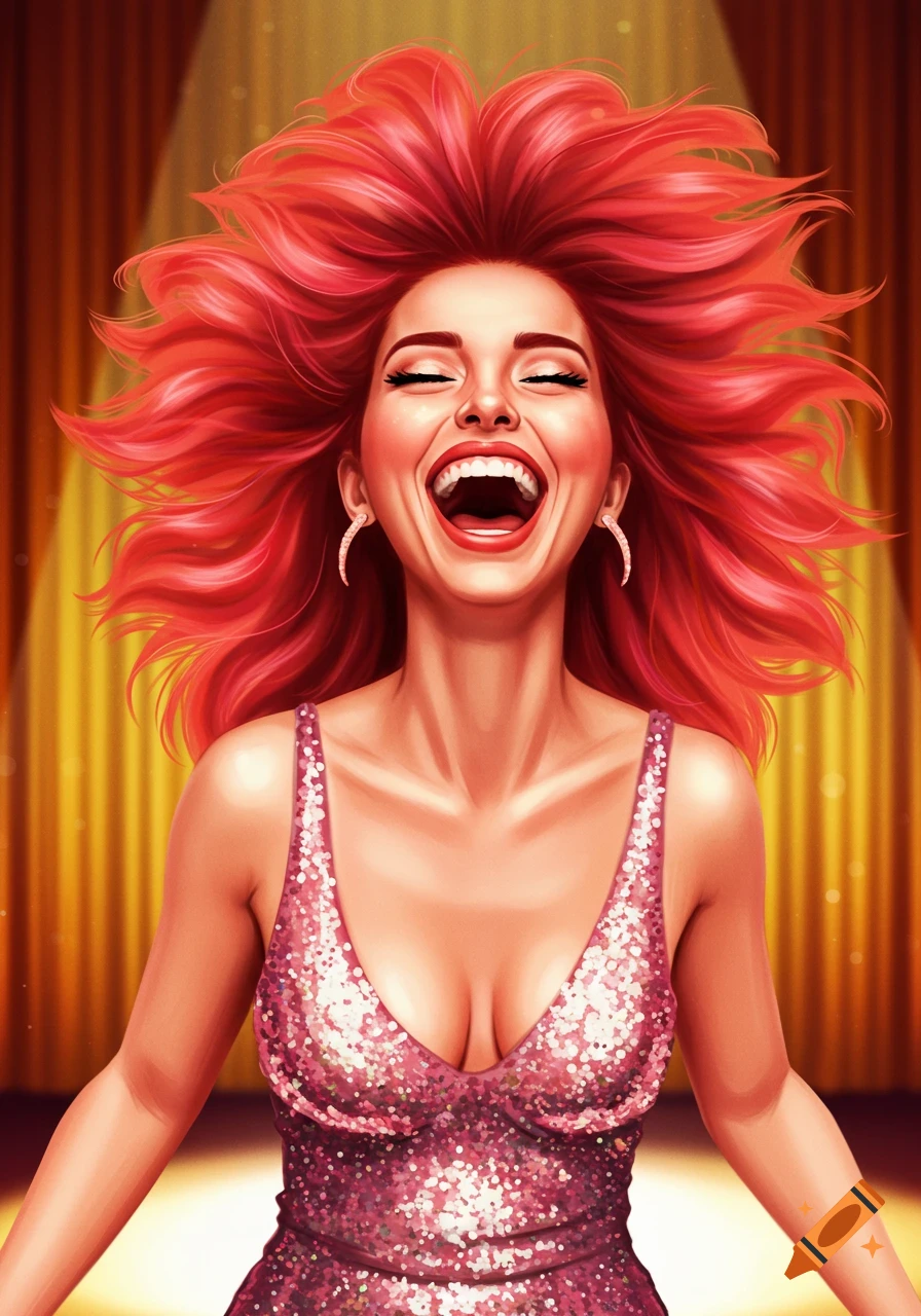 Illustration of a woman with vibrant red hair laughing and wearing a sparkly pink dress against a golden curtain background.