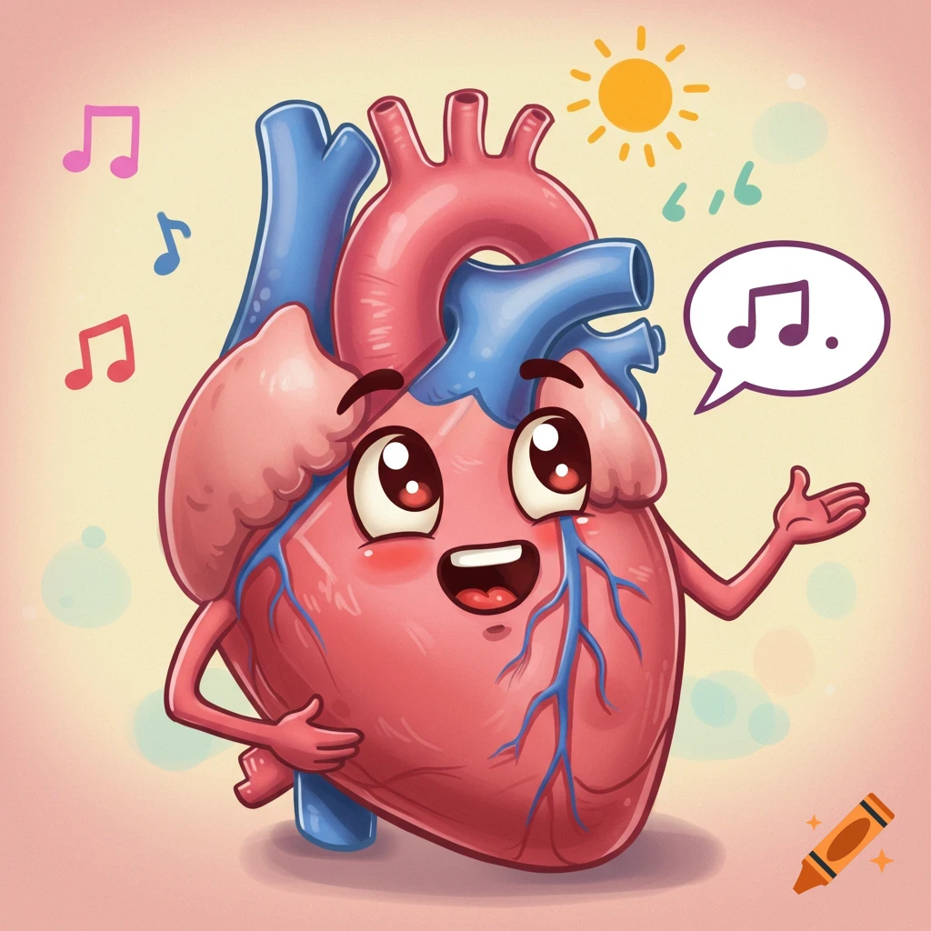 Cartoon heart singing with musical notes