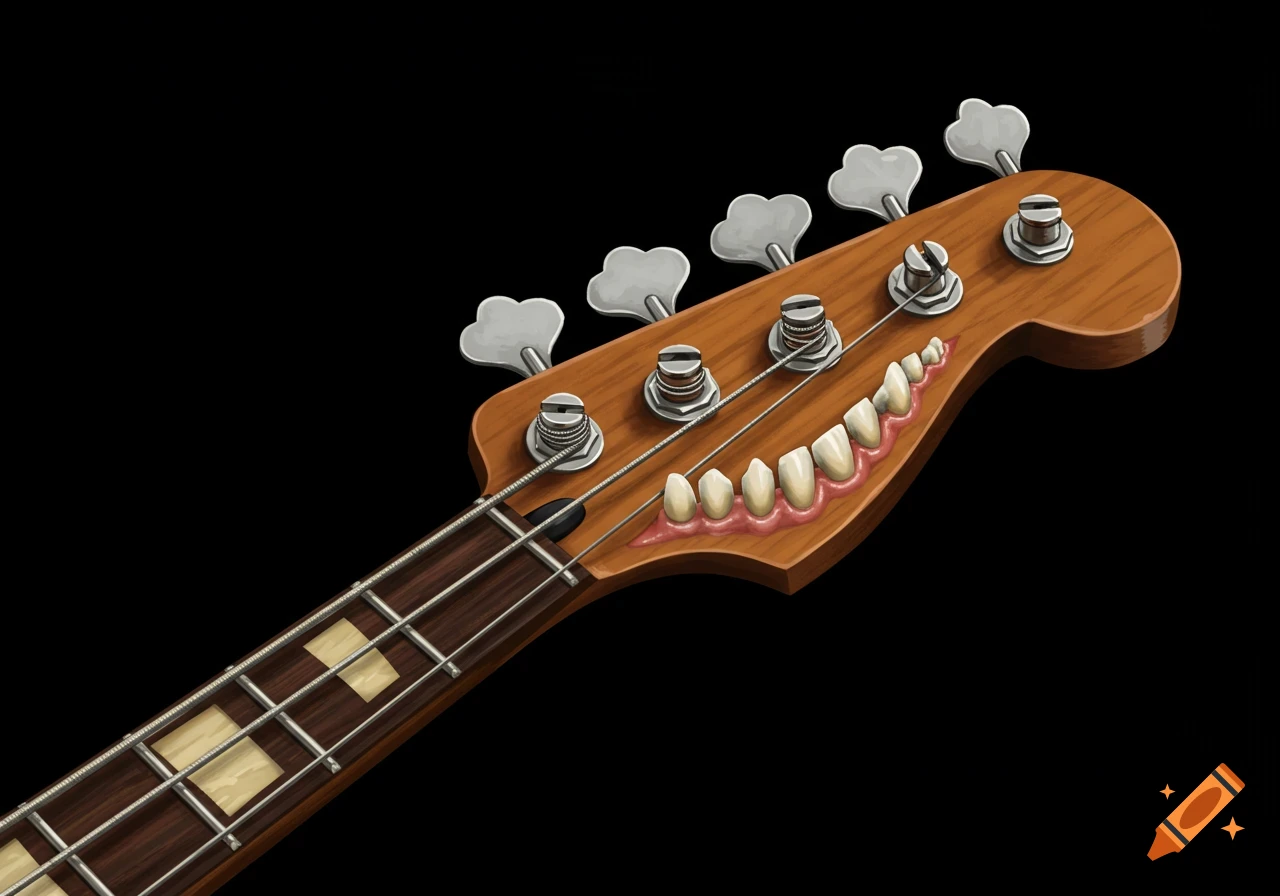 Close-up of a bass guitar headstock with human teeth as tuners