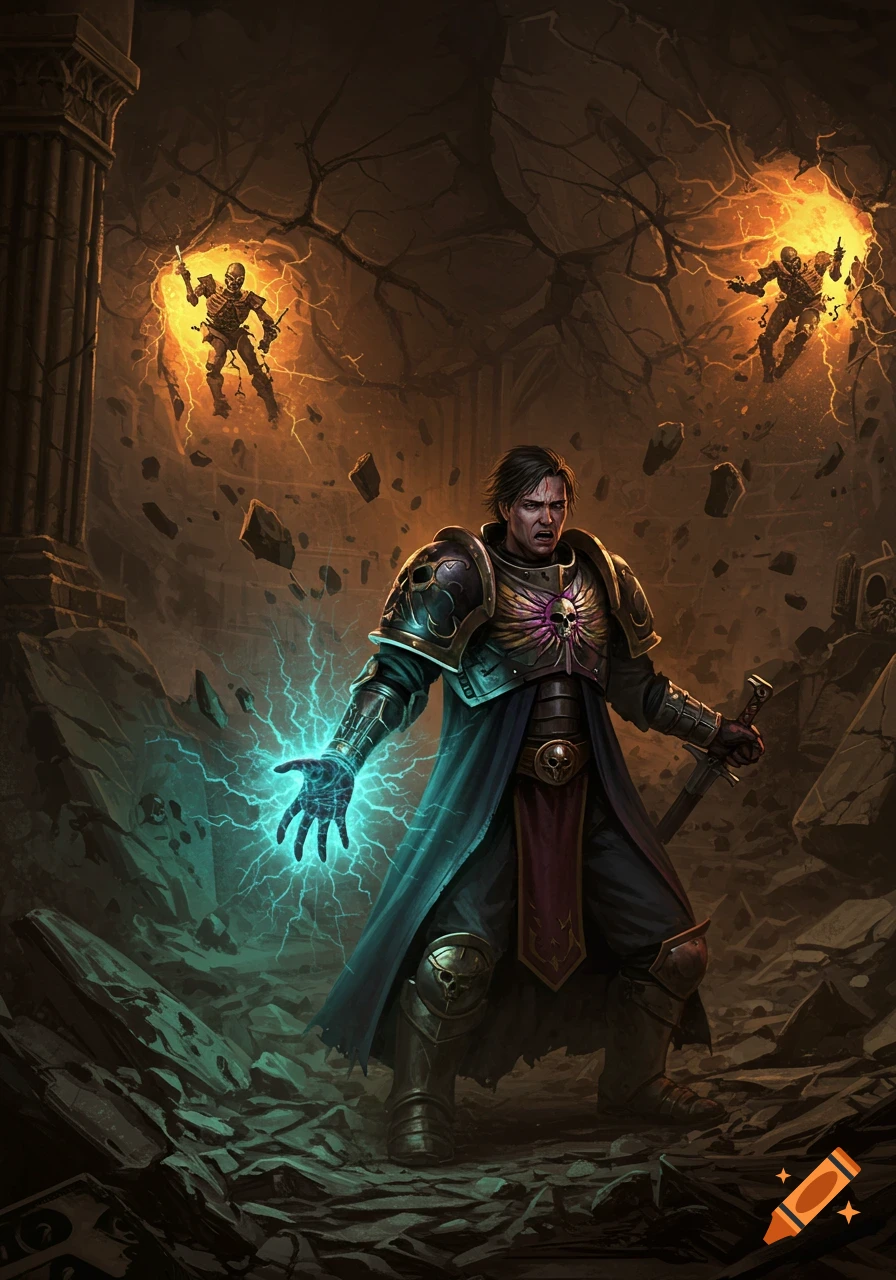 A man in dark armor casts blue lightning in a ruined chamber as skeletal figures float in fiery portals.