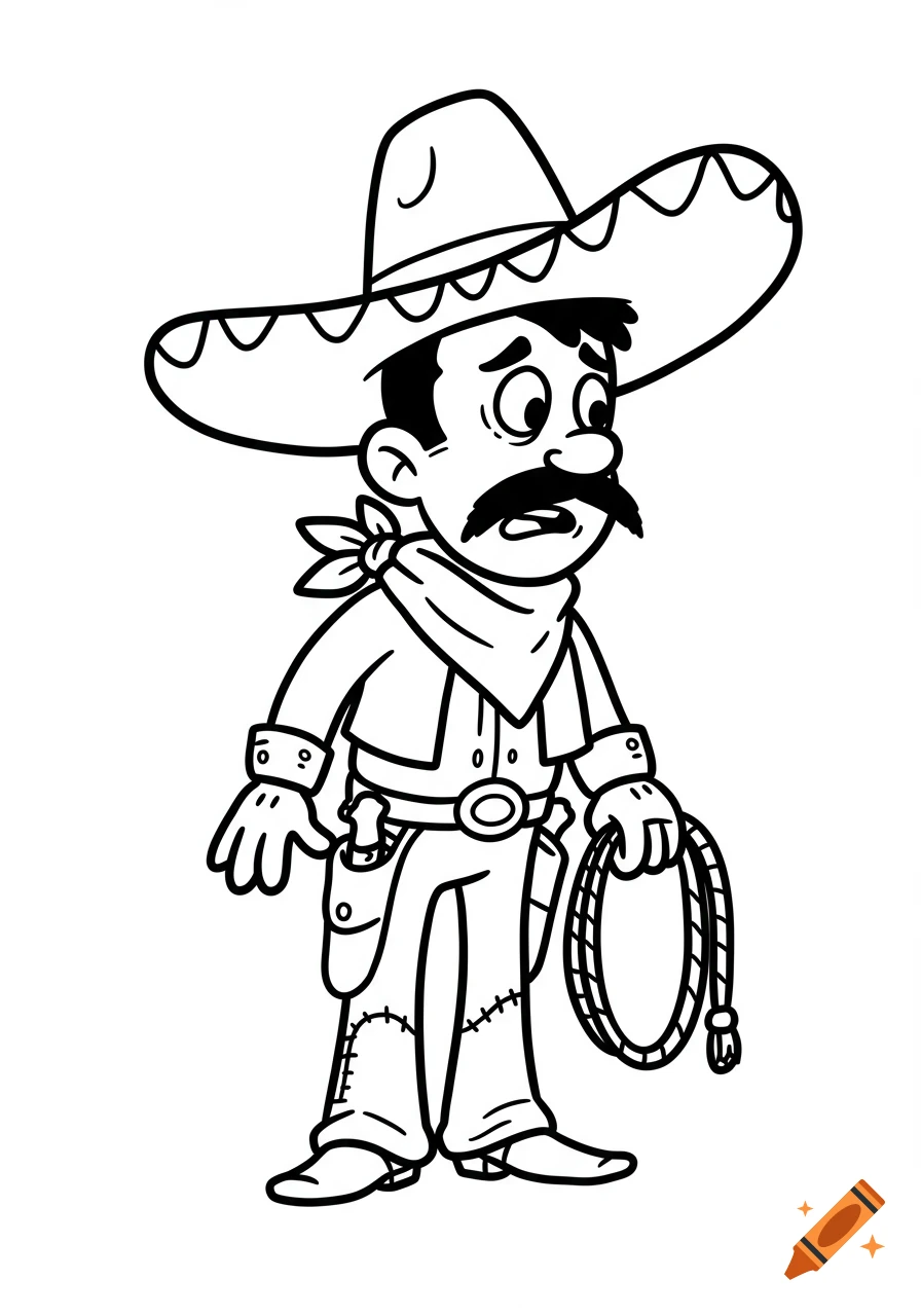 Black and white cartoon drawing of a worried Mexican cowboy holding a lasso.
