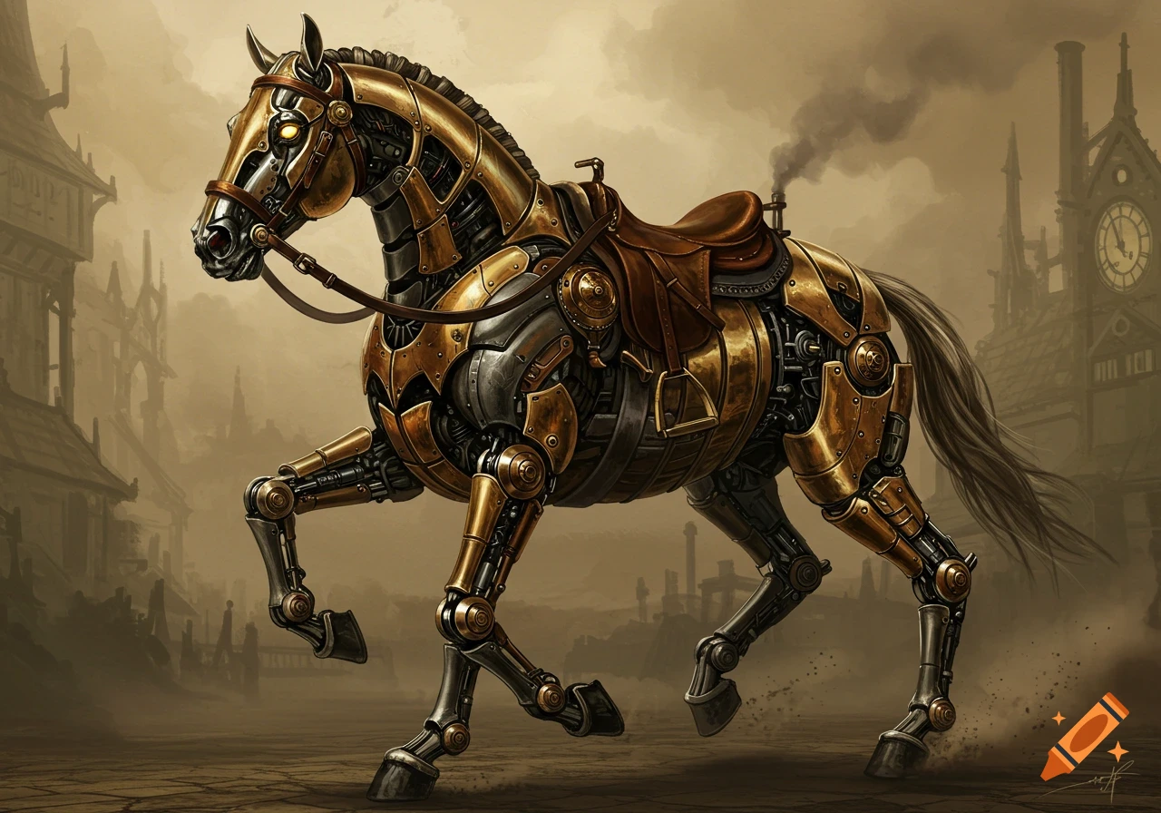 A mechanical steampunk horse gallops in a foggy city street