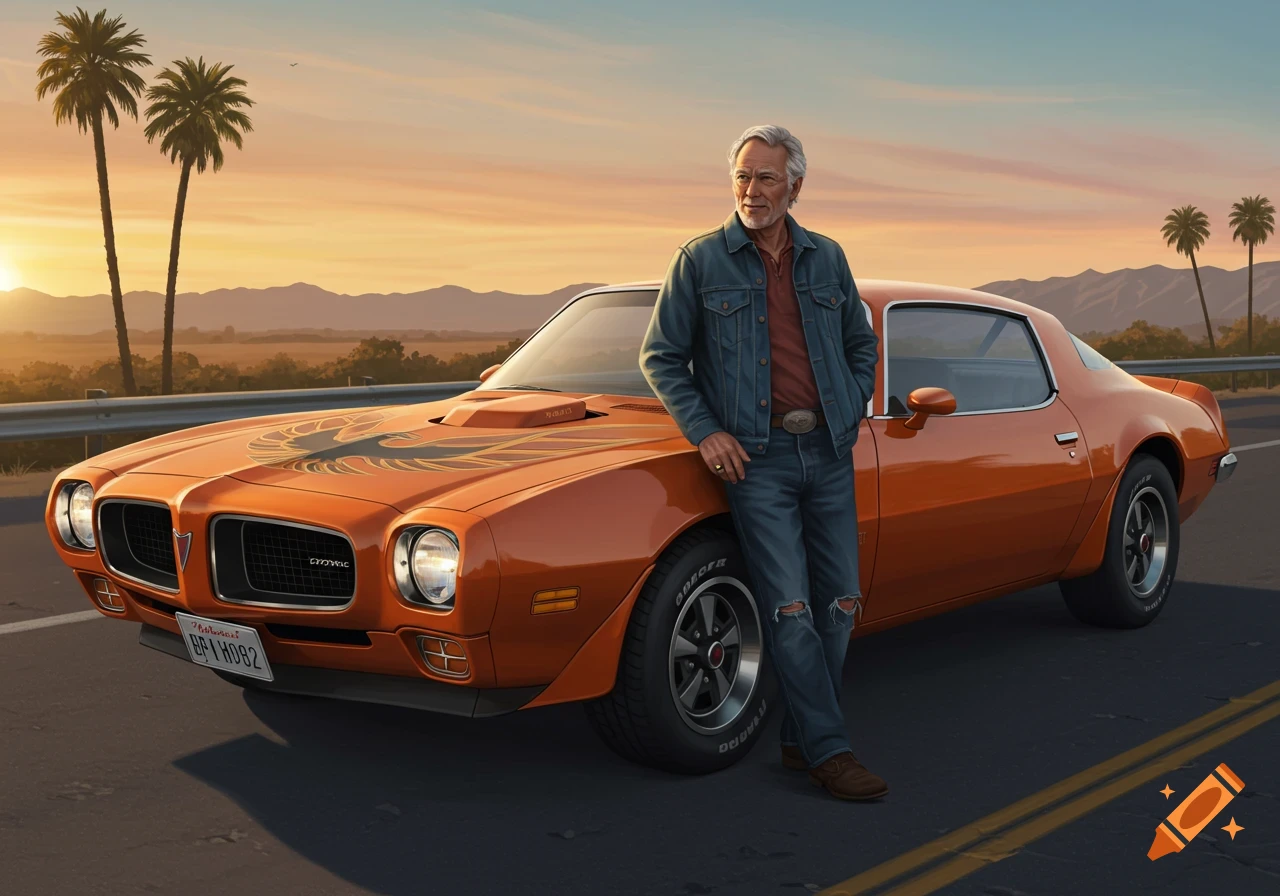 Old man stands by orange vintage Trans Am on highway at sunset, palm trees behind him. Digital art style.
