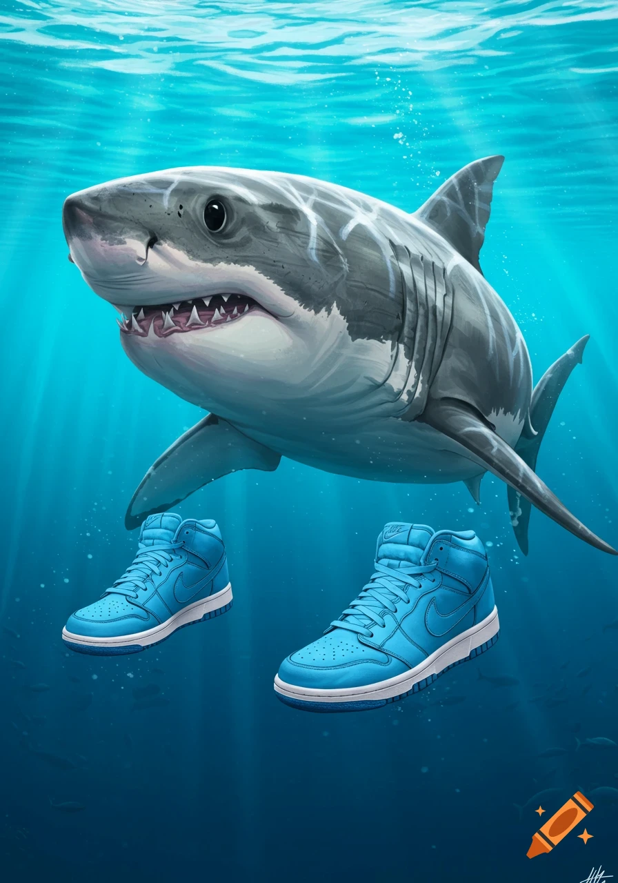 A great white shark swims underwater wearing bright blue sneakers.