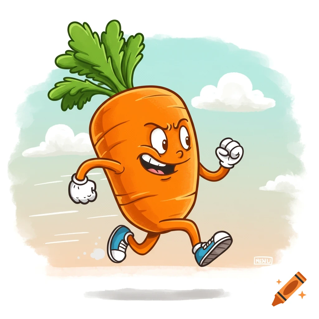 Cartoon carrot character running with a determined expression.