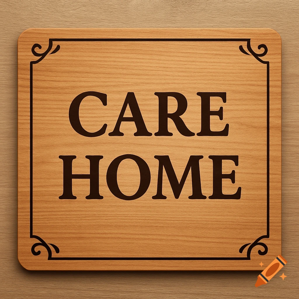 A wooden door sign with black text reading "CARE HOME" and decorative corner accents.