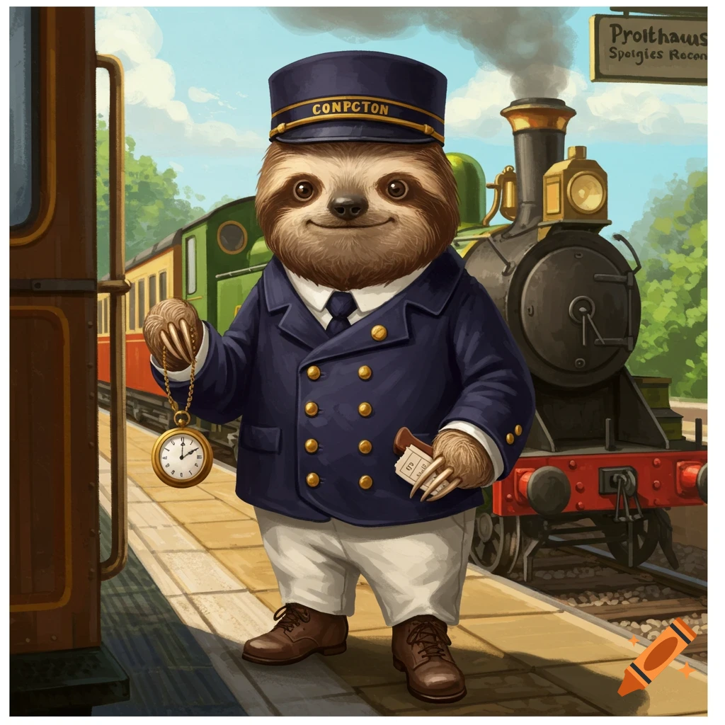 A smiling cartoon sloth dressed as a train conductor holds a pocket watch and a ticket on a train station platform.