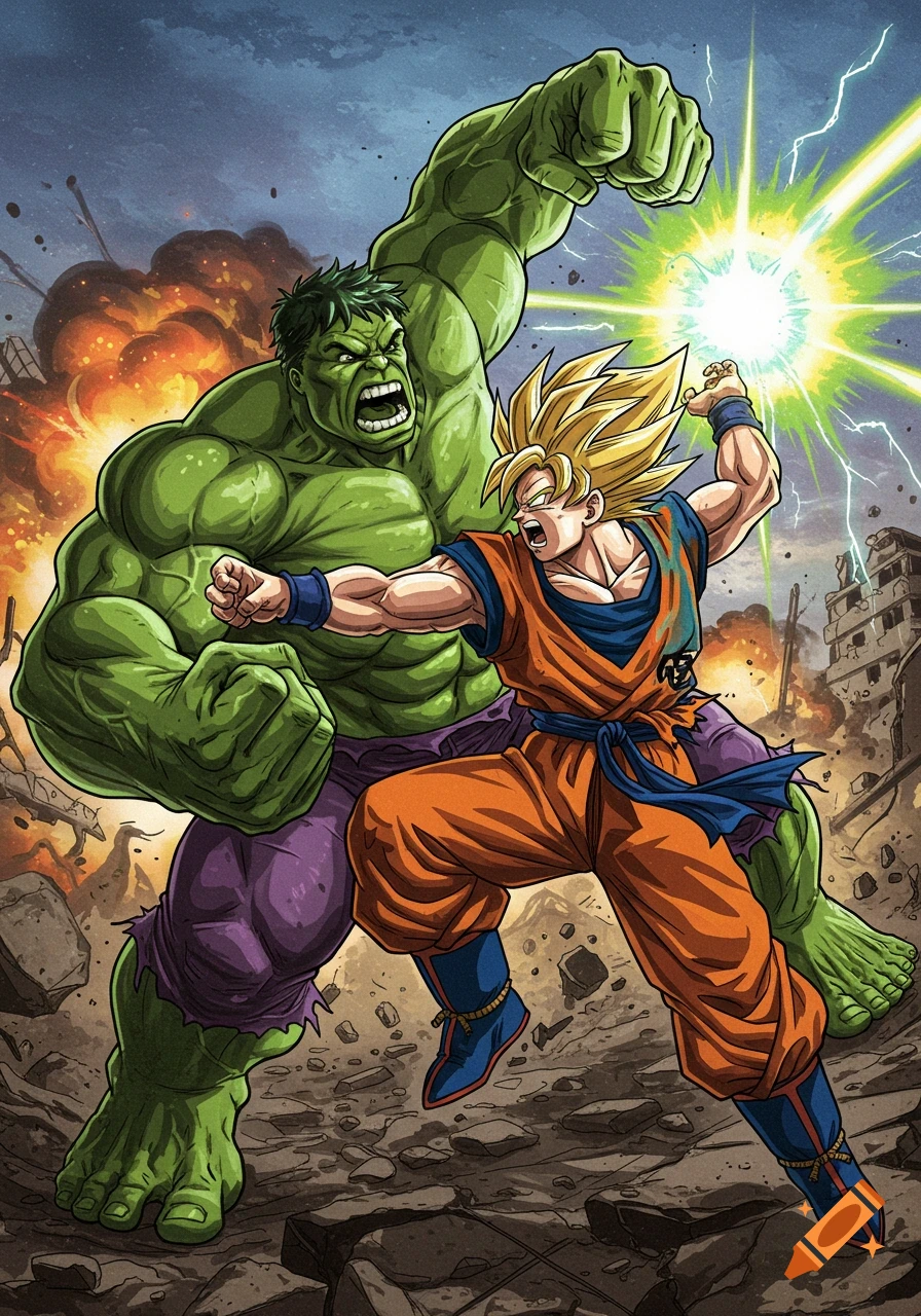The Hulk and Goku fight in a ruined city in a comic book art style.