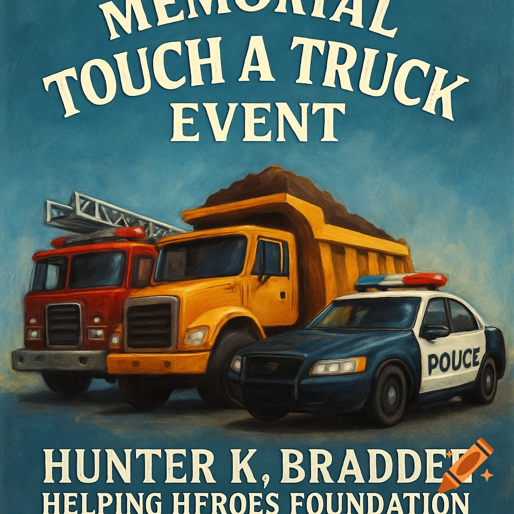 A painterly style poster shows a red fire truck, yellow dump truck, and a police car in front of a blue sky with text for a 'Touch a Truck Event'.