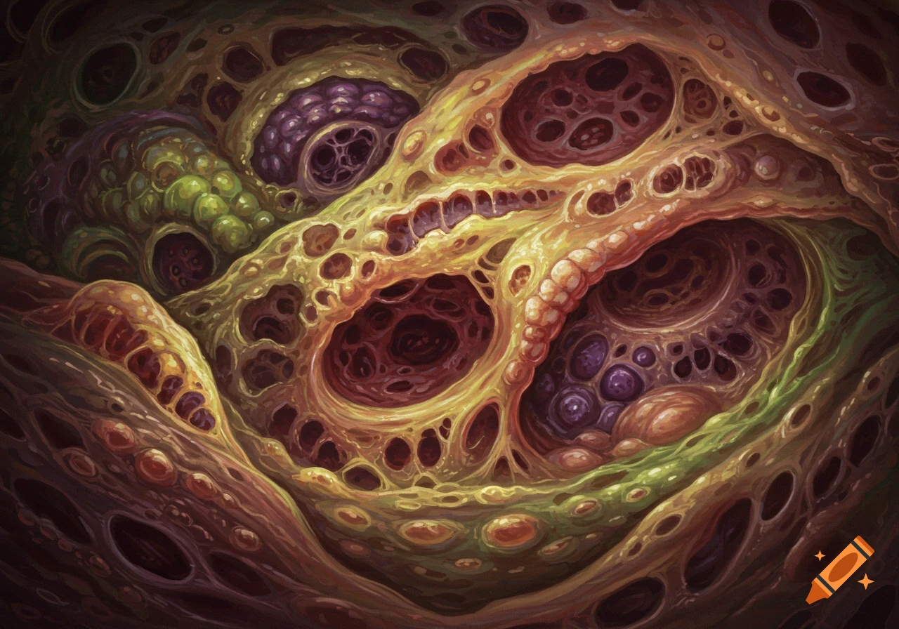 Abstract painting of intricate organic shapes resembling decaying flesh in yellows, reds, and greens.