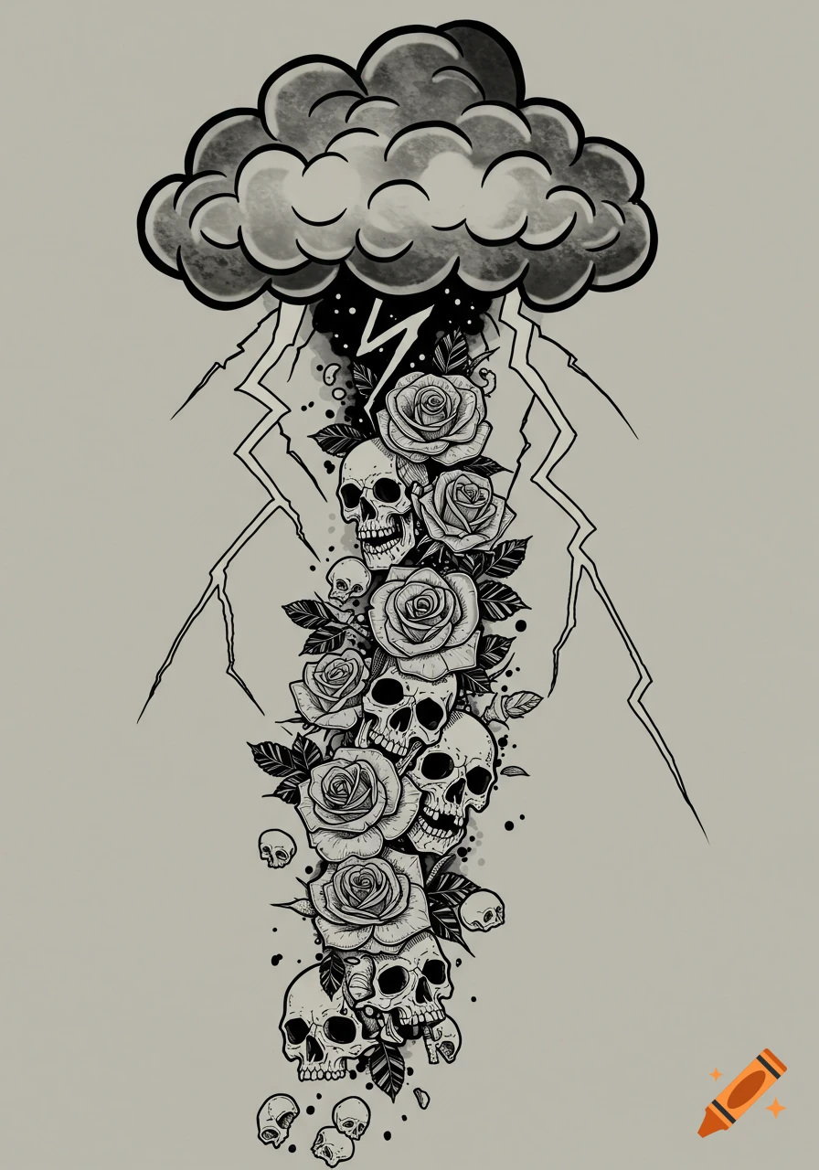 Black and white tattoo illustration of a lightning cloud raining skulls and roses.