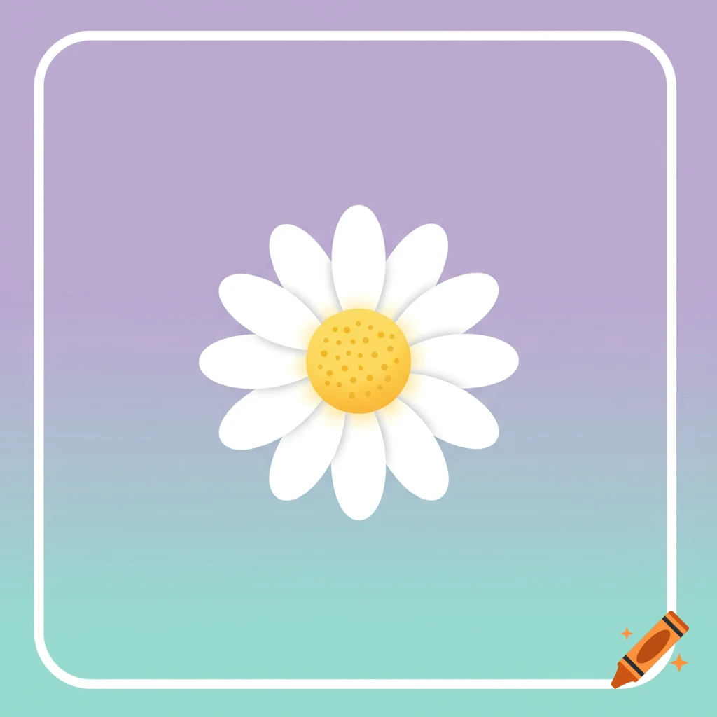 A white daisy icon with a yellow center on a pastel gradient background with a white border.
