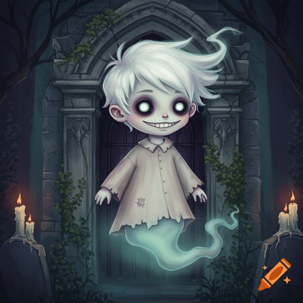 Illustration of a creepy cute ghost boy floating in front of a mausoleum.