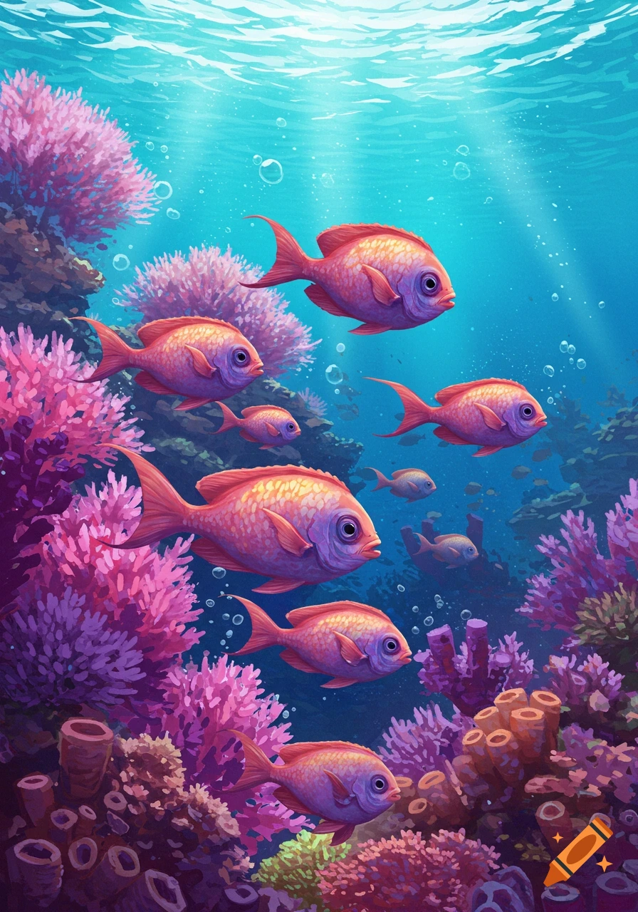 Pink fish swim among colorful coral in a blue underwater scene with sunlight.
