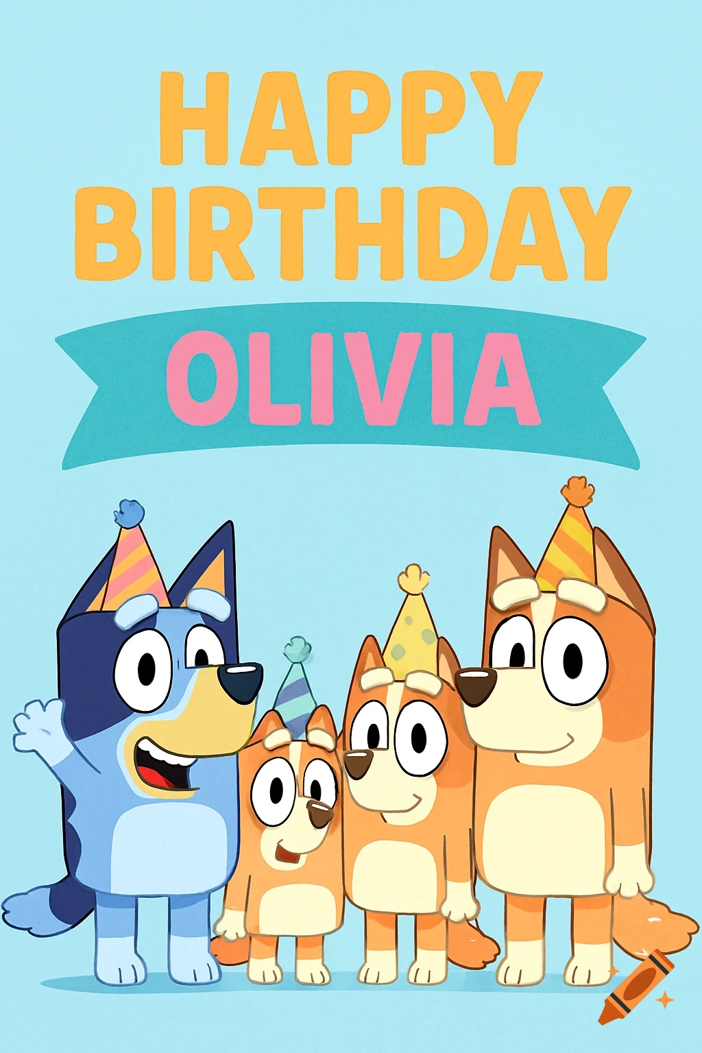Bluey characters at a birthday party poster with text 'Happy Birthday Olivia'.