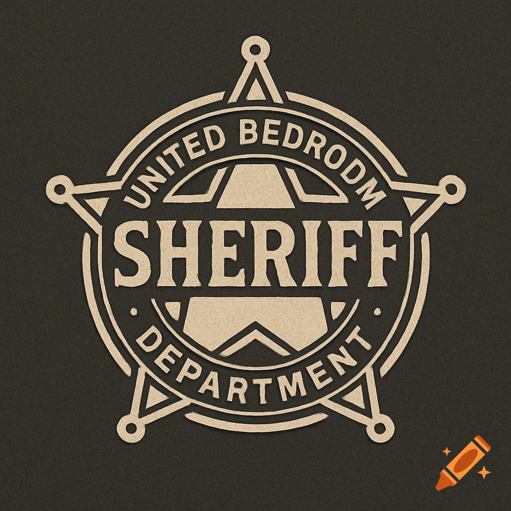 A stylized gold sheriff's badge logo with the text 'United Bedroom Sheriff Department' on a dark background.