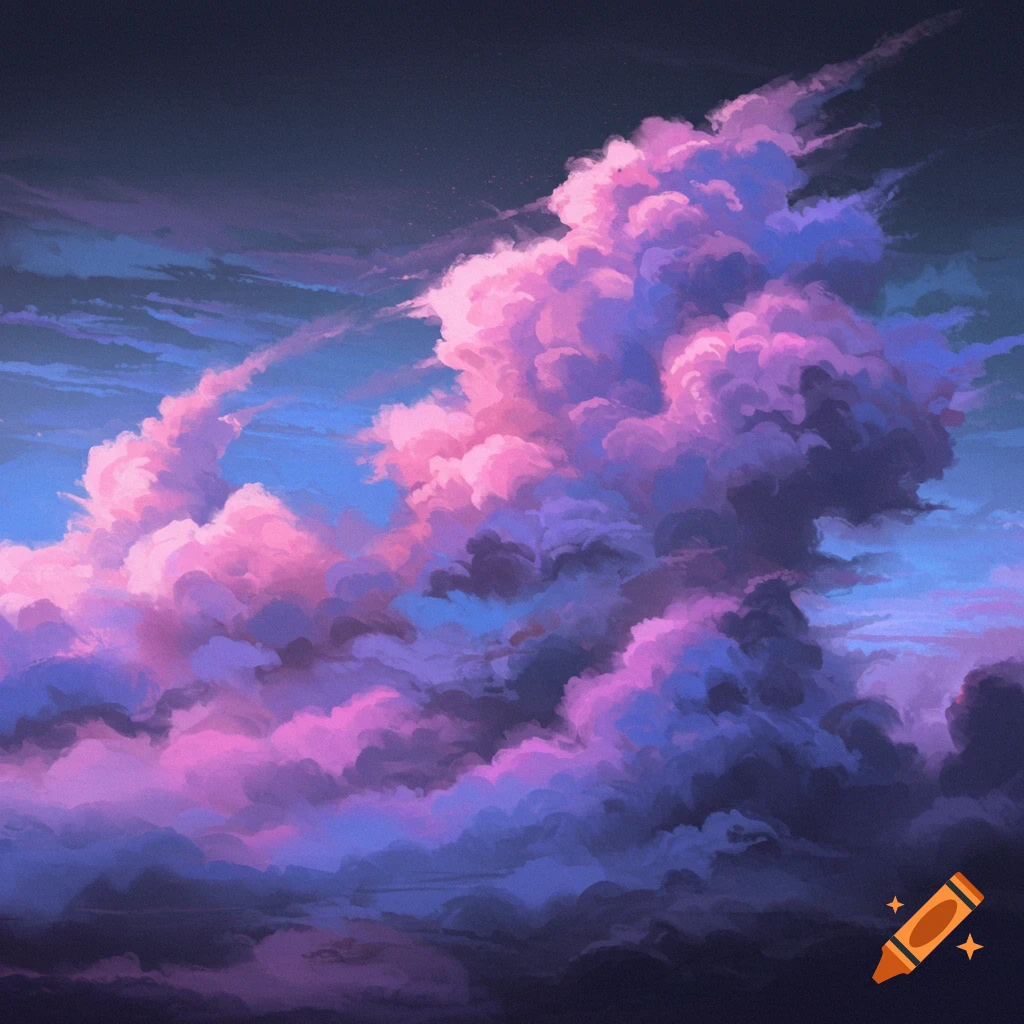 Dramatic pink and purple clouds in a blue and dark sky, digital painting.