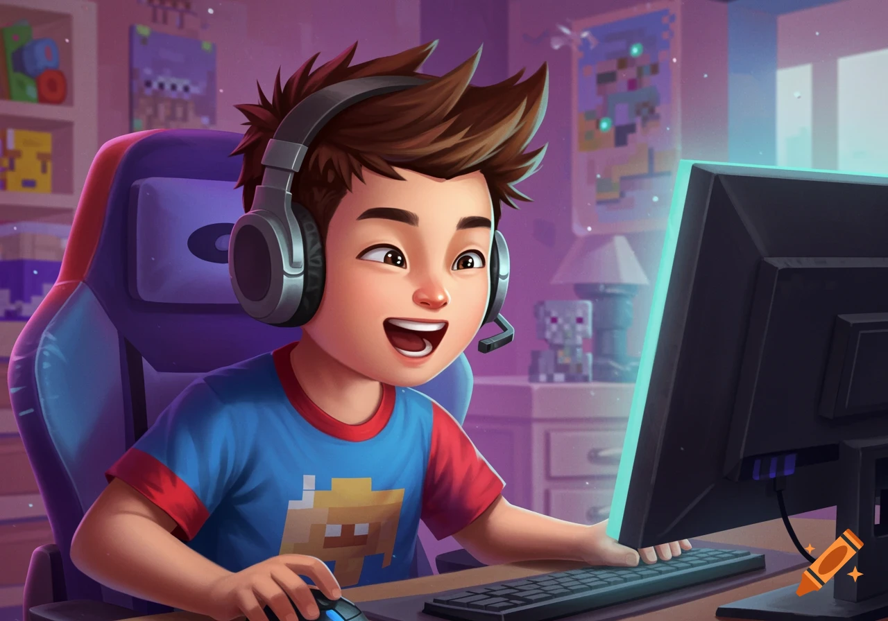 A cartoon illustration of a boy playing video games at a computer.